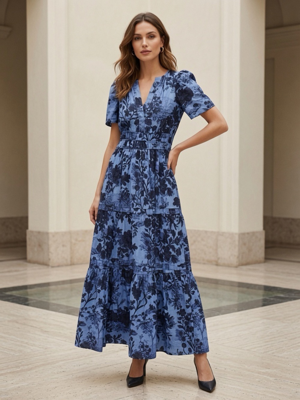 Anthropologie Somerset Blue Floral Tiered Midi Dress | Size Small | 100% Cotton